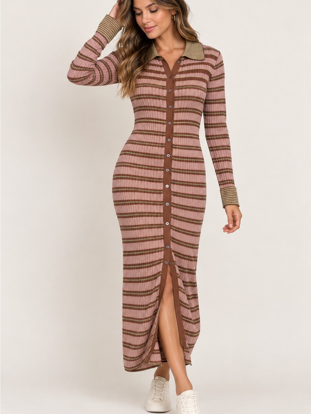 Free People Striped Ribbed Button-Front Maxi Dress in Pink and Brown